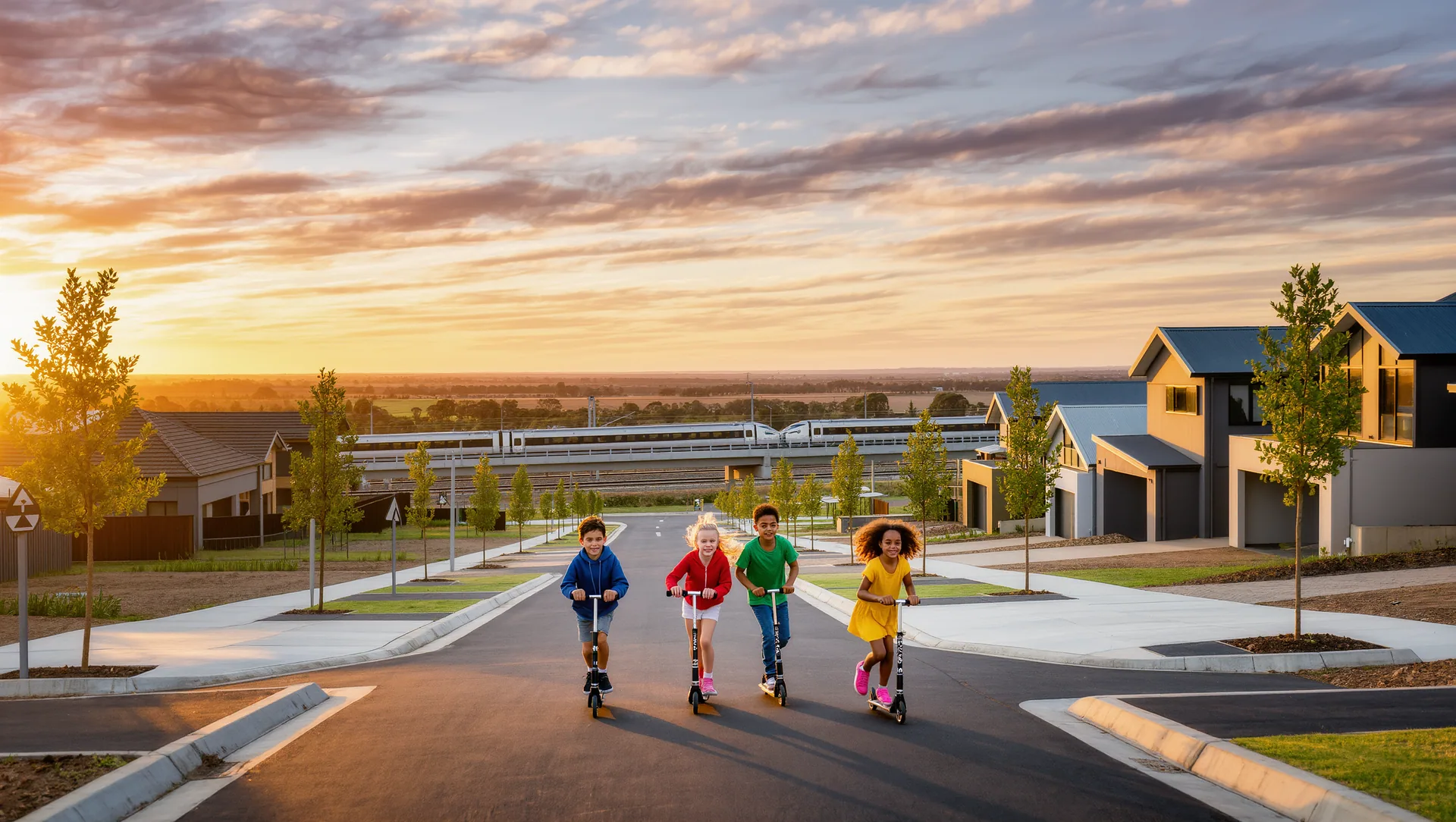 Golden hour street scene in a new Melton growth community